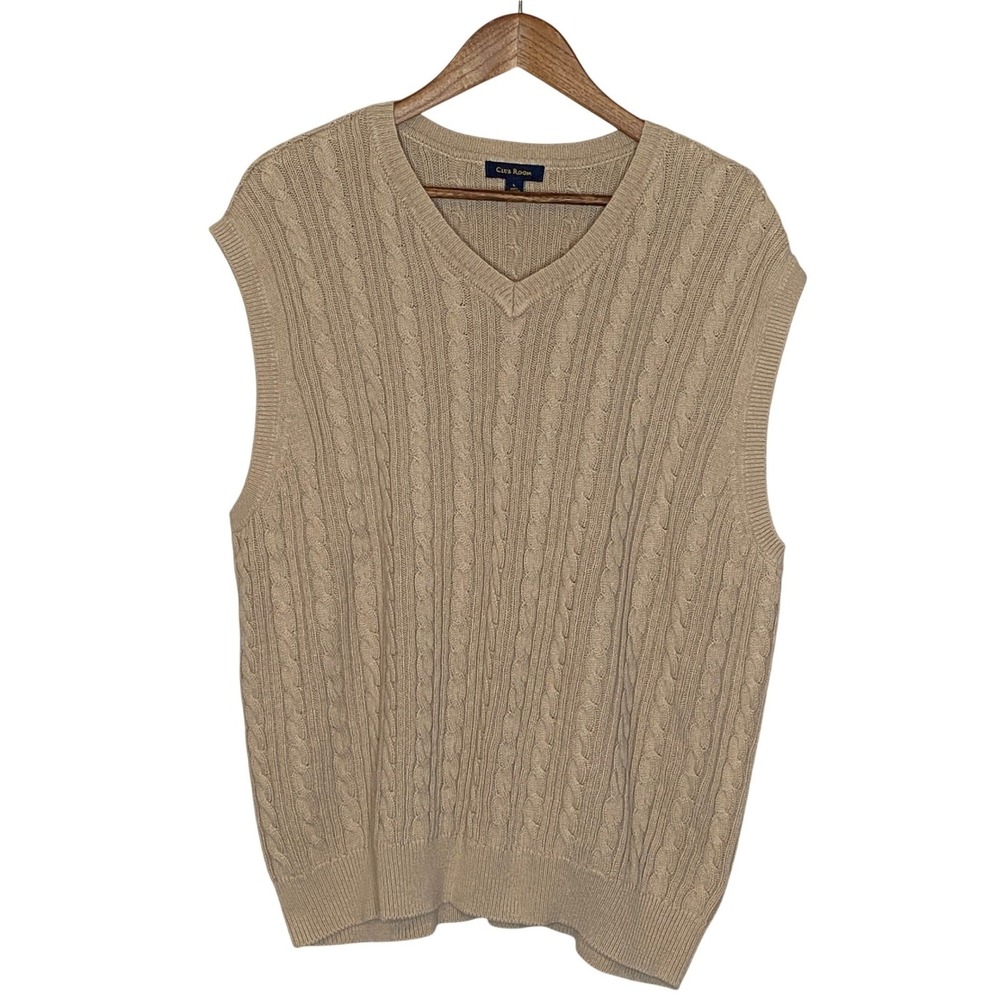 Club Room Mens Cable Knit Sweater Vest L Tan V Neck Preppy Academia Old Money